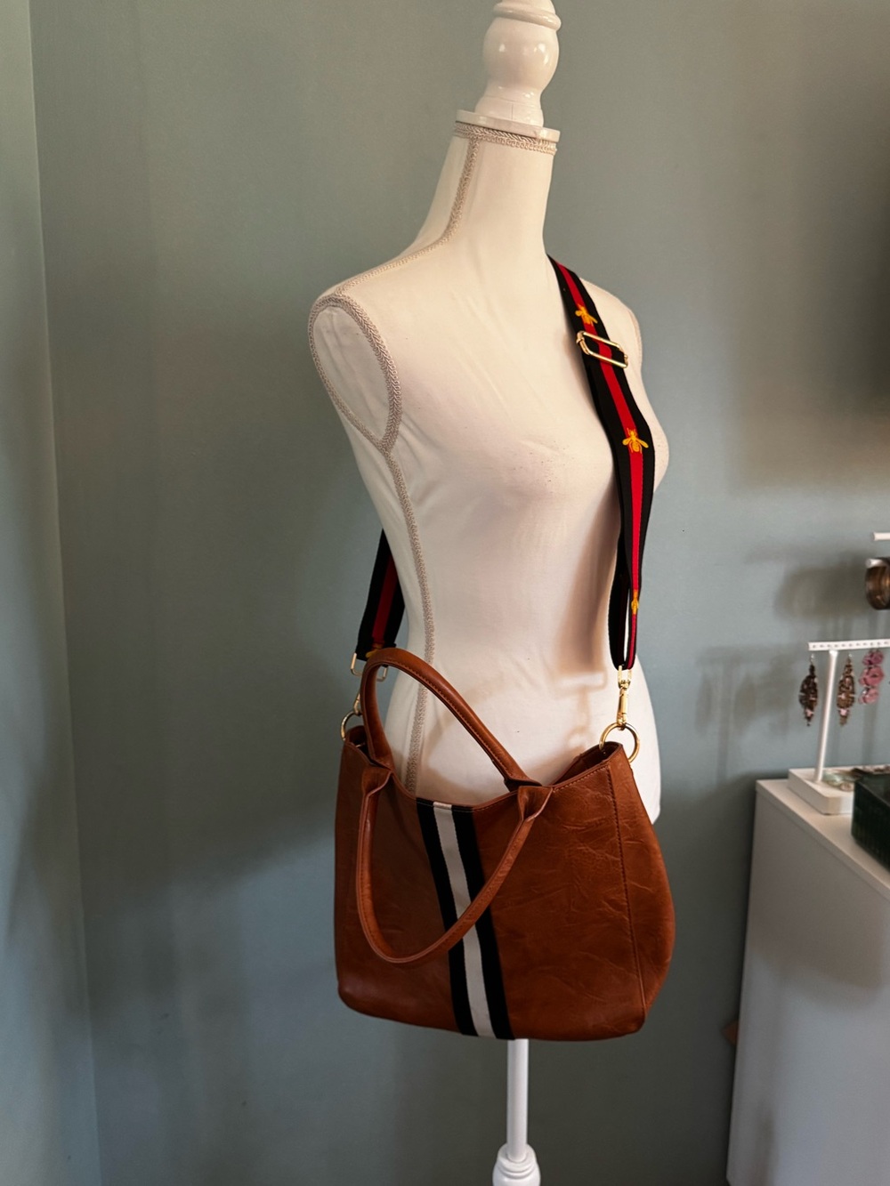 Motherchic X Social Threads Brown Leather Stripe Shoulder BAG ONLY